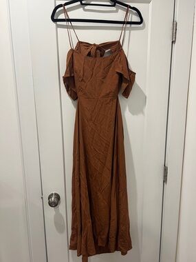 Brown Drape-Shoulder Midi Dress with Tie Back